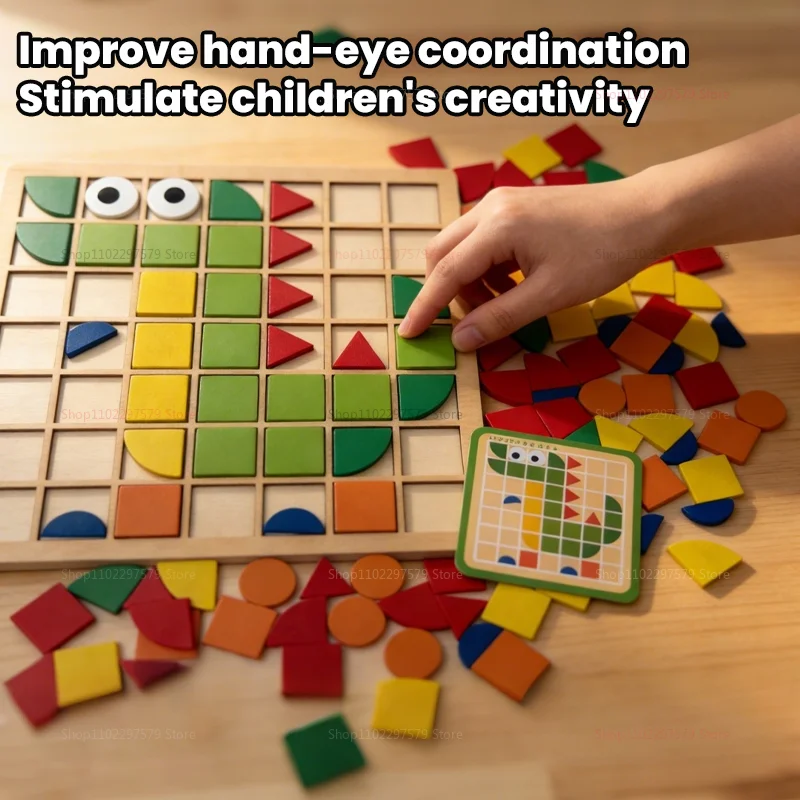 120Pcs Wooden Montessori Mosaic Puzzle Set for Kids 3D Geometric Shape Jigsaw Educational Toy for Early Learning and Development