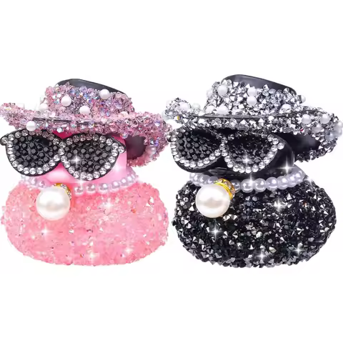 Rhinestones Rubber Duck Car Ornaments Funny Diamond Ducks Car Dashboard Decorations Duck Accessories with Shiny Cowboy Hat