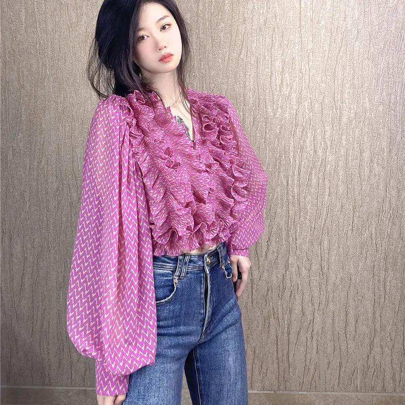 Vintage V-neck Long Sleeved Floral Temperament Shirt Women2024 Spring Ruffles Y2K Chiffon Shirt Large Size Bishop Sleeve Tops