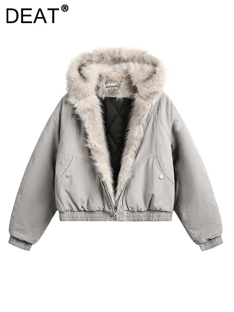 DEAT Fashion Women\'s Cotton-padded Coat Fur Collar Hooded Loose Zipper Gray Thick Warm Quilted Jacket Winter 2024 New CPG2226