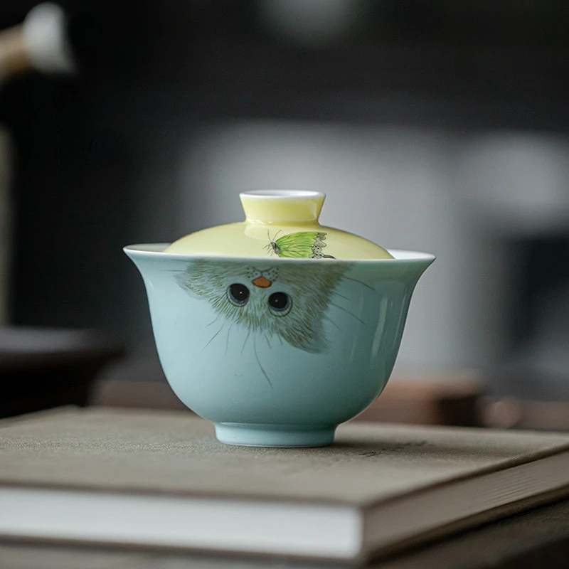 Gaiwan Tureen Tibetan Ceramic Teaware Glazed Color Pure Handmade Cover Bowl  Tea Cup Kung Fu Ceremony Incense Flower Cat