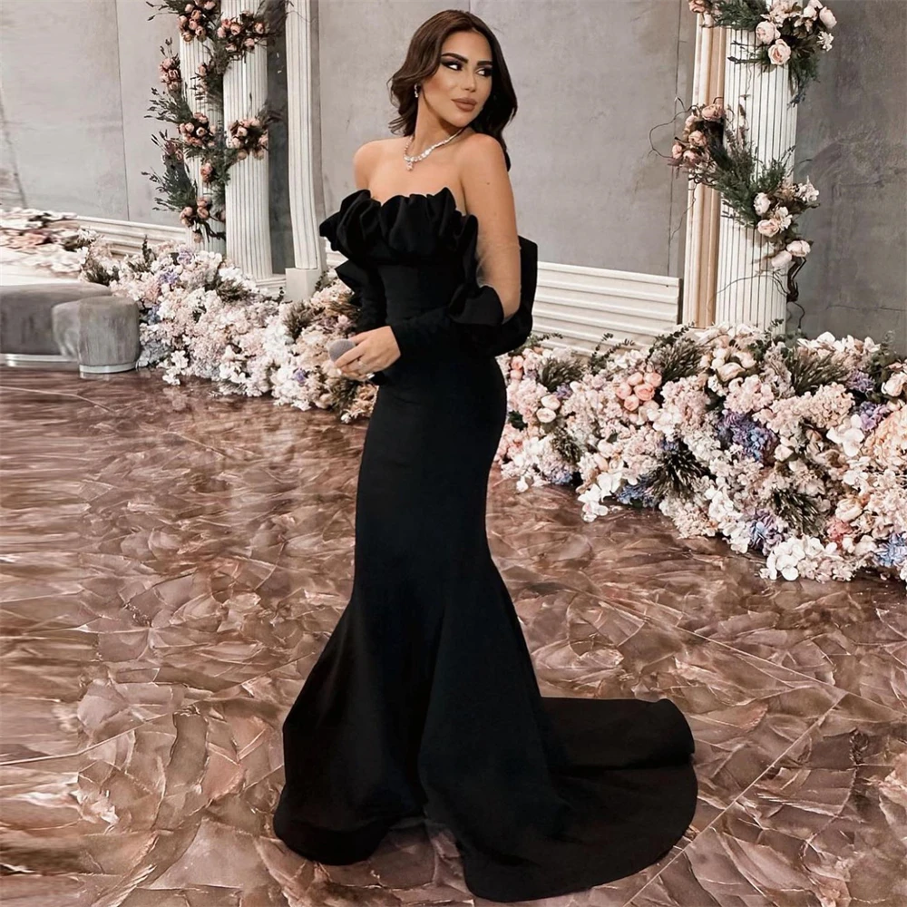 

Fashion Mermiad Black Strapless Pleat Prom Dress Women Floor-length Evening Party Gown Formal Occasion Dresses فساتين السهرة