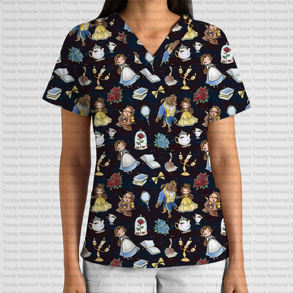 New Disney Cartoon Work Print V-Neck Pocket Short Sleeve Sand Top Dental Pet Shop Beauty Salon Nurse Medical Clothing T-shirt