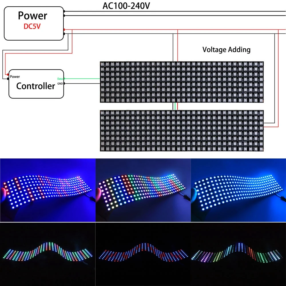 WS2812B Digital Flexible Led Panel Strip Light IndividuaIly Addressable WS2812 IC 8X8 16X16 8X32 Module Matrix Screen DC5V