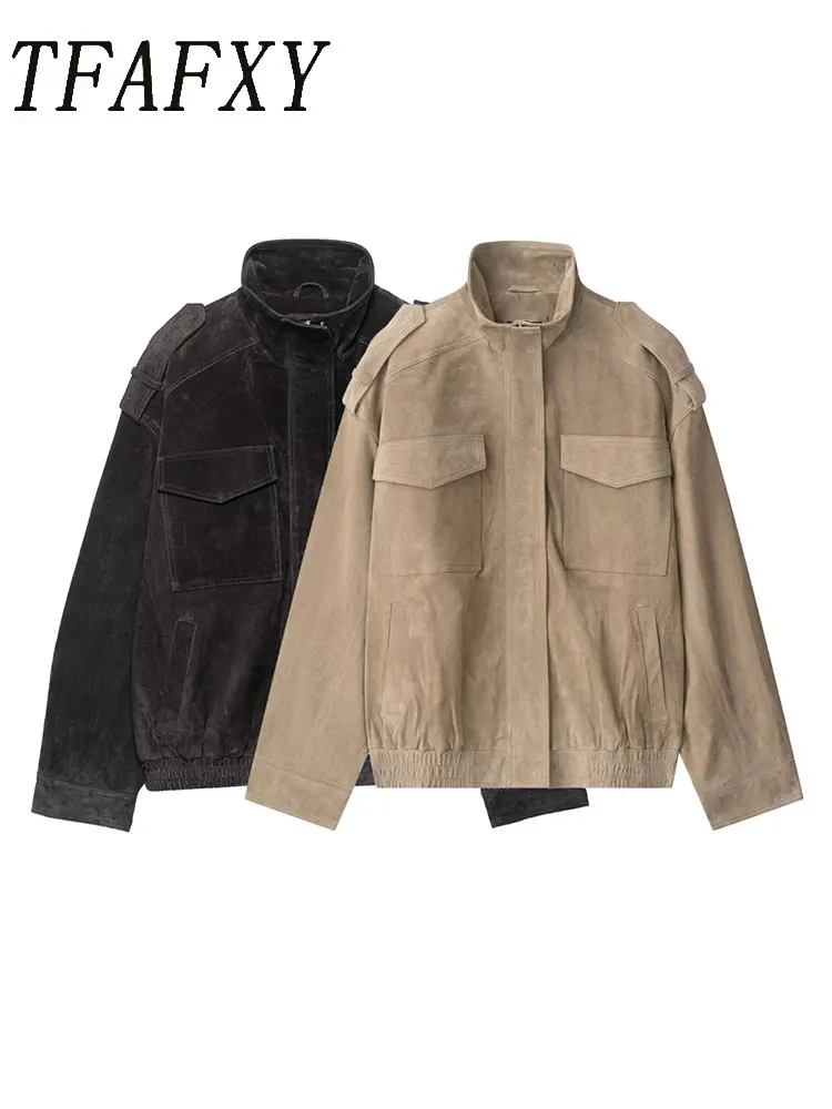 

TFAFXY Women's Autumn Winter High Street Suede Leather Pocket Decoration Zipper Solid Coats Fashion Long Sleeves Casual Jackets