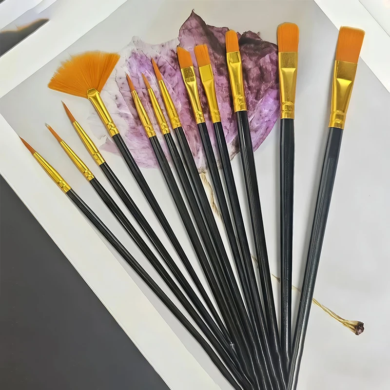 Nylon Flat Bristle Brush Set 12pcs Paint Brushes for Watercolor Oil Acrylic  for Art Supplies at Home School Office