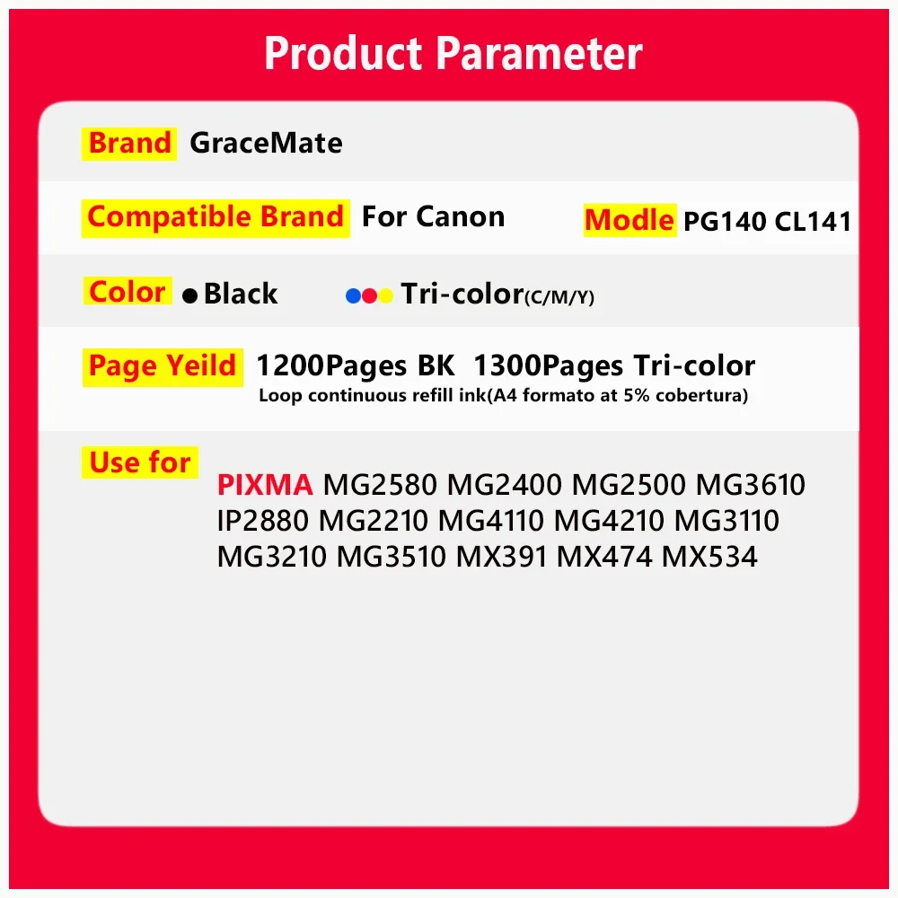 PG 140 CL 141 pg140 cl141 Ink Cartridge Compatible for canon printer pixma cartridge MG2580 MG2400 MG2500 MG3610 IP2880 MX474