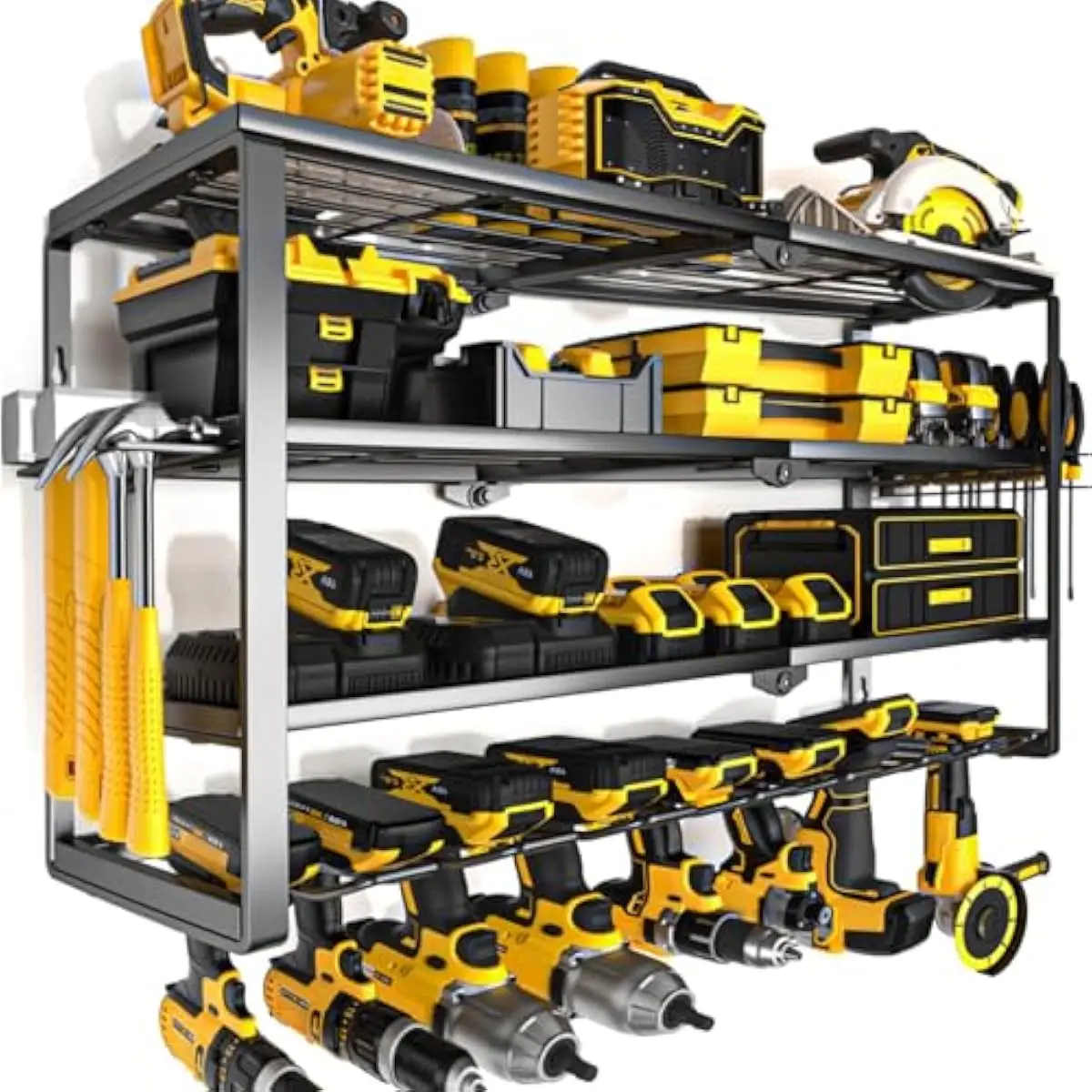 4-Tier Heavy-Duty Metal Wall-Mounted Tool Rack for Power Tools Storage, 32.5-Inch Wide Floating Shelf with 8 Slots, 5.2-Inch Mid