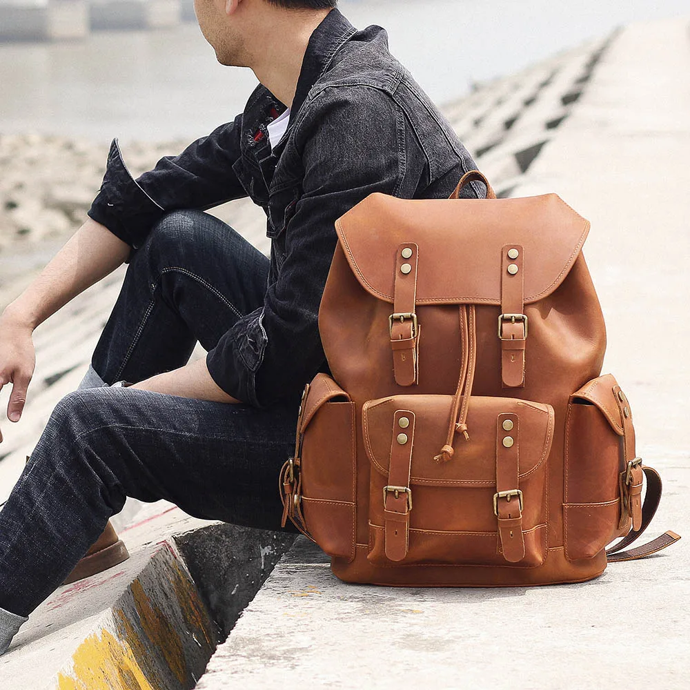 S.WORKER Vintage Echtleder-Rucksack Laptop-Tasche Lässige Crazy-Horse-Leder-Schultasche Outdoor-Reise-Weekender-Tasche – Detail 5