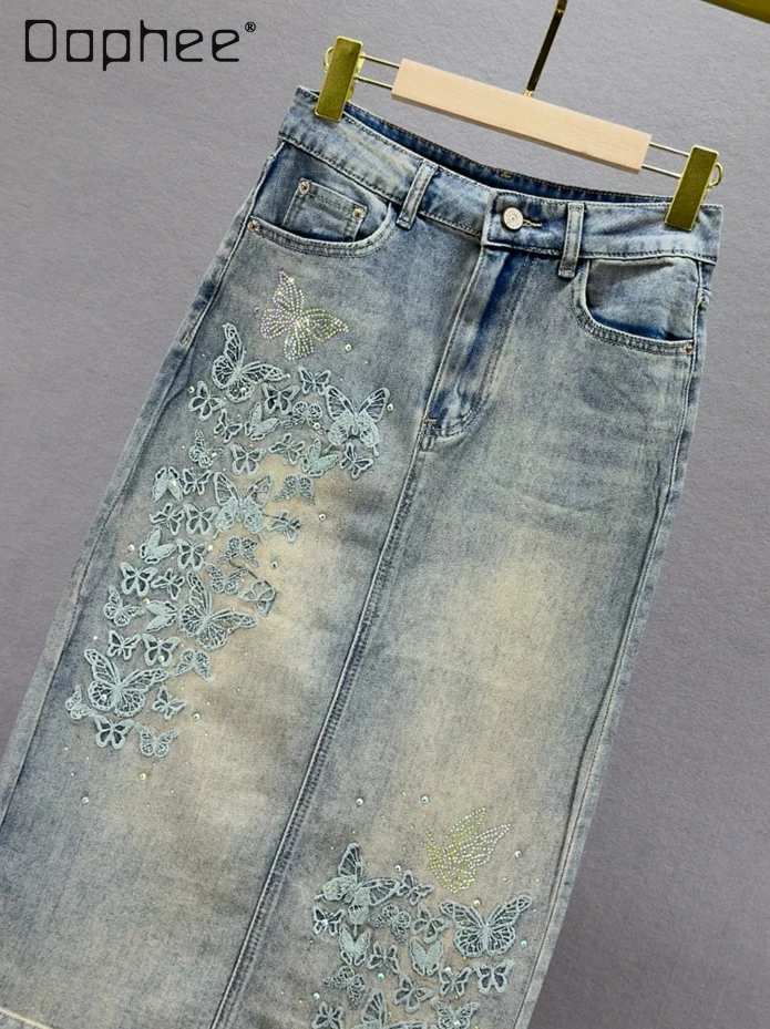 

Embroidery Hot Diamond Denim Skirt Women's Spring Summer 2026 New Fashion Elastic High Waist Slim Fit Retro Mid-length Skirts