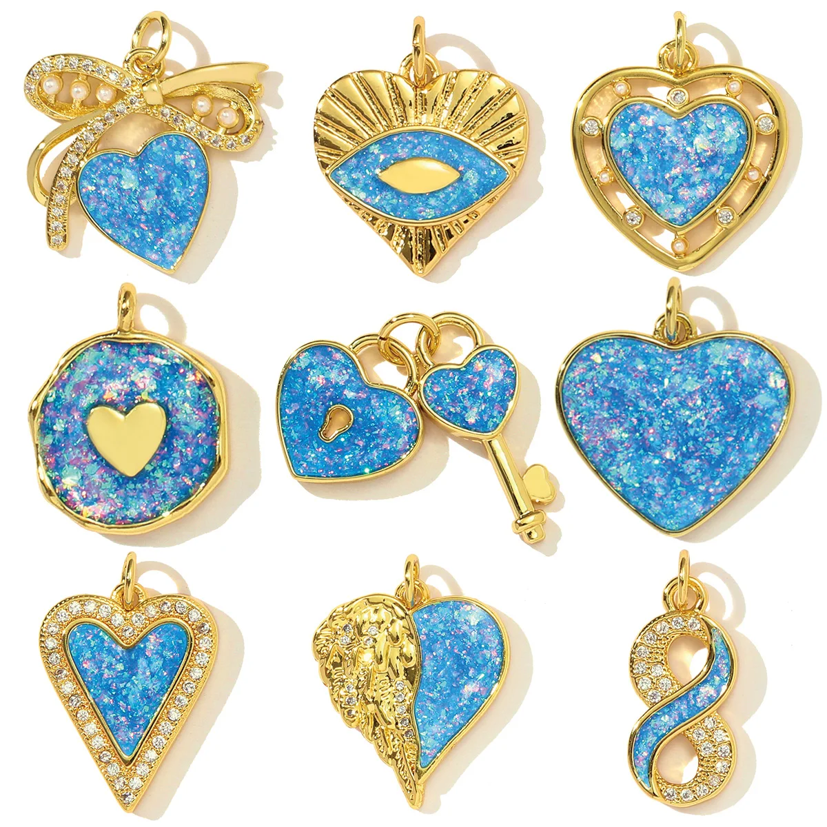 3pcs/Lot Romantic Opal Stone Love Heart Key DIY Charms Copper Evil Eye Bowknot Necklace Pendants Woman Blue Round Jewelry