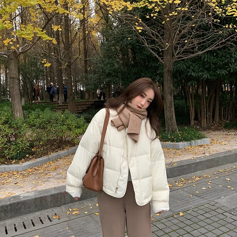 المرأة أسفل سترة الراقية الاتجاه قصيرة سترة منفوخة معطف الشتاء يندبروف الأبيض بطة أسفل ملابس خارجية دافئة البريدي كم طويل #5