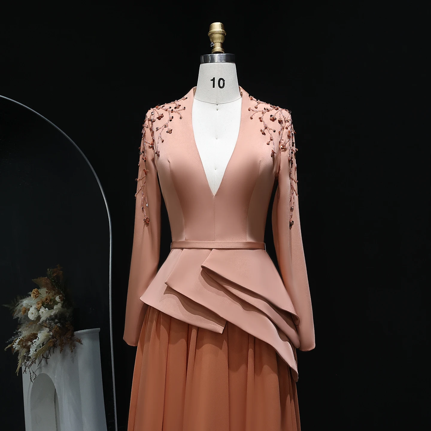 Sharon Said Dubai Orange Beading Evening Dresses with V-Neck Full Sleeve for Women Wedding Formal Gown SS216 Customized image 4