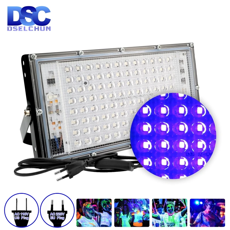 1,2 м вилка США/ЕС светодиодный УФ-прожектор 110 В 220 В 50 Вт 100 Вт светильник для вечеринок 395 нм 400 нм IP65 водонепроницаемый ультрафиолетовый люминесцентный сценический светильник