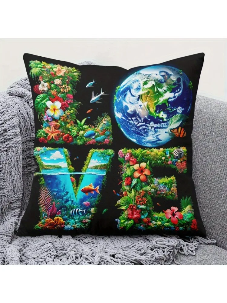 1pc Love Earth Ocean Throw Pillow Cover, 2D Double-Sided Print Soft Polyester Cushion Case for Home Sofa Bedroom Car Decor