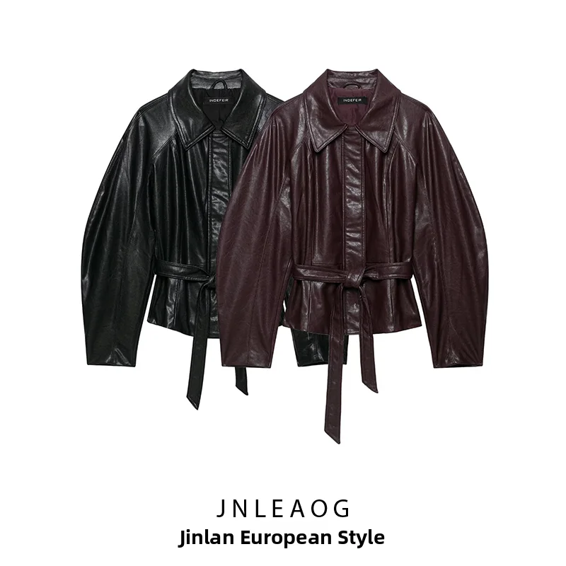 JNLEAOG Autumn New Women's Fashion Leather Effect Belt Jacket Outerwear Personality Style Standard Fit Polyester Coat