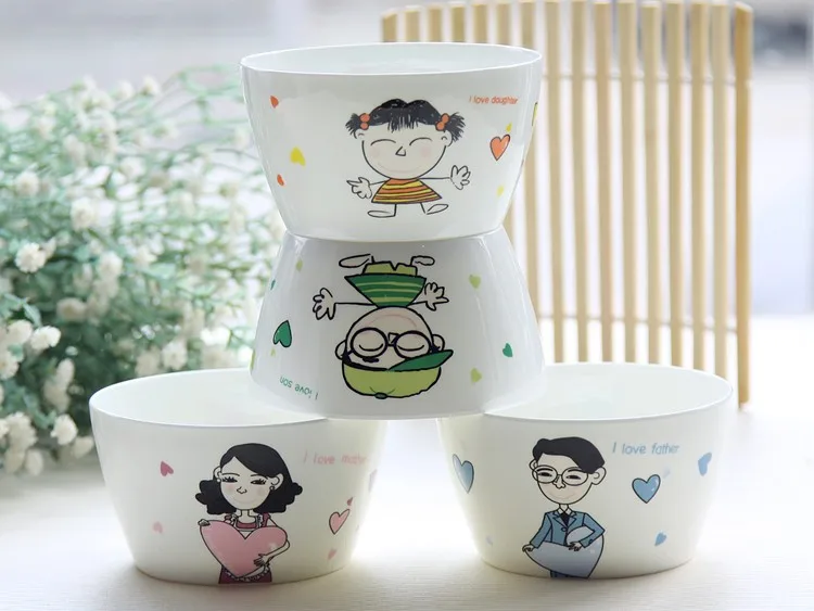 4.5 Inch, 4-piece Set. Real Fine Bone China Cute Cartoon Bowl, Ceramic Food Chinese Rice Bowls