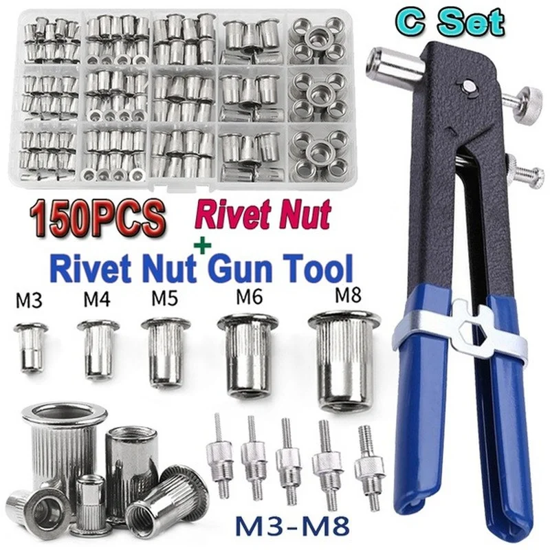 Nakrętki do nitów 150 szt. Zestaw trzpieni pistoletowych M3/M4/M5/M6/M8 lub nakrętki trzpienie do nitów Repairtool Nitownica śruba z łbem płaskim Pop nakrętka zestaw pistoletów do nitów