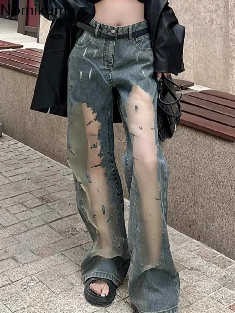 

Harajuku Y2k Jeans for Women High Waisted Summer Fashion Wide Leg Pants New Bottoms Casual Hollow Out Straight Pantalon Femme