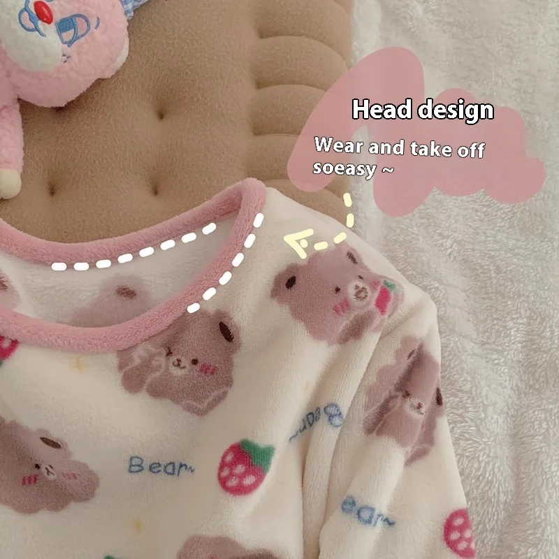 Thickened Warm Winter Pajamas O-Neck Long Sleeve Cartoon Bear Sleepwear Flannel Big Size Sleepwear Coral Velvet Two-Piece Set 2