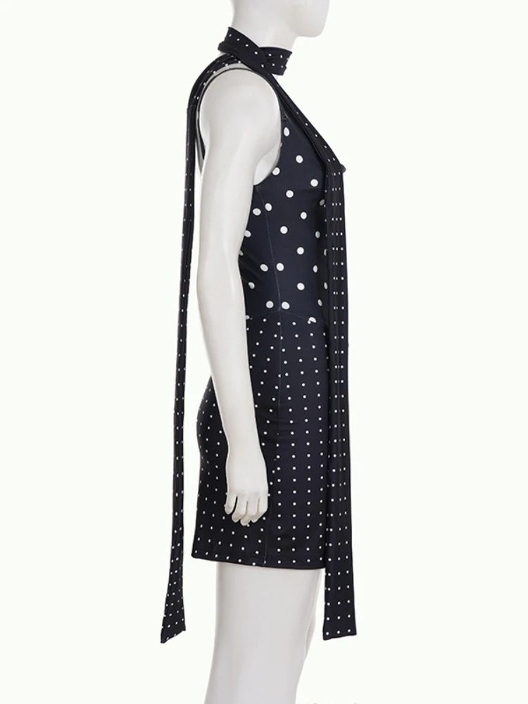 SsTss 新しいセクシーな黒と白の水玉模様のプリントスリングドレス女性のためのファッションネクタイノースリーブスリムスリットシックなナイトパーティードレス