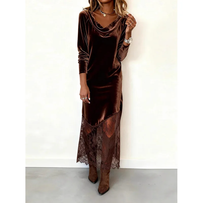 

Velvet Off--Shoulder Lace Long Dress 2026 New Vintage-Style Slim-Fit Dress