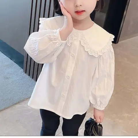 206 Spring and Autumn Girls Shirt with Doll Collar Lace Large Round Collar Fashionable and Cute Pure Cotton Shirt