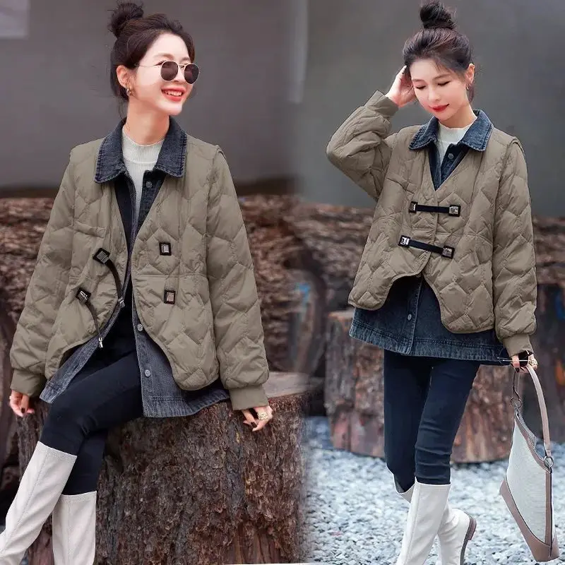 Zimowa nowa damska kurtka puchowa z denimu Luźna kurtka łącząca