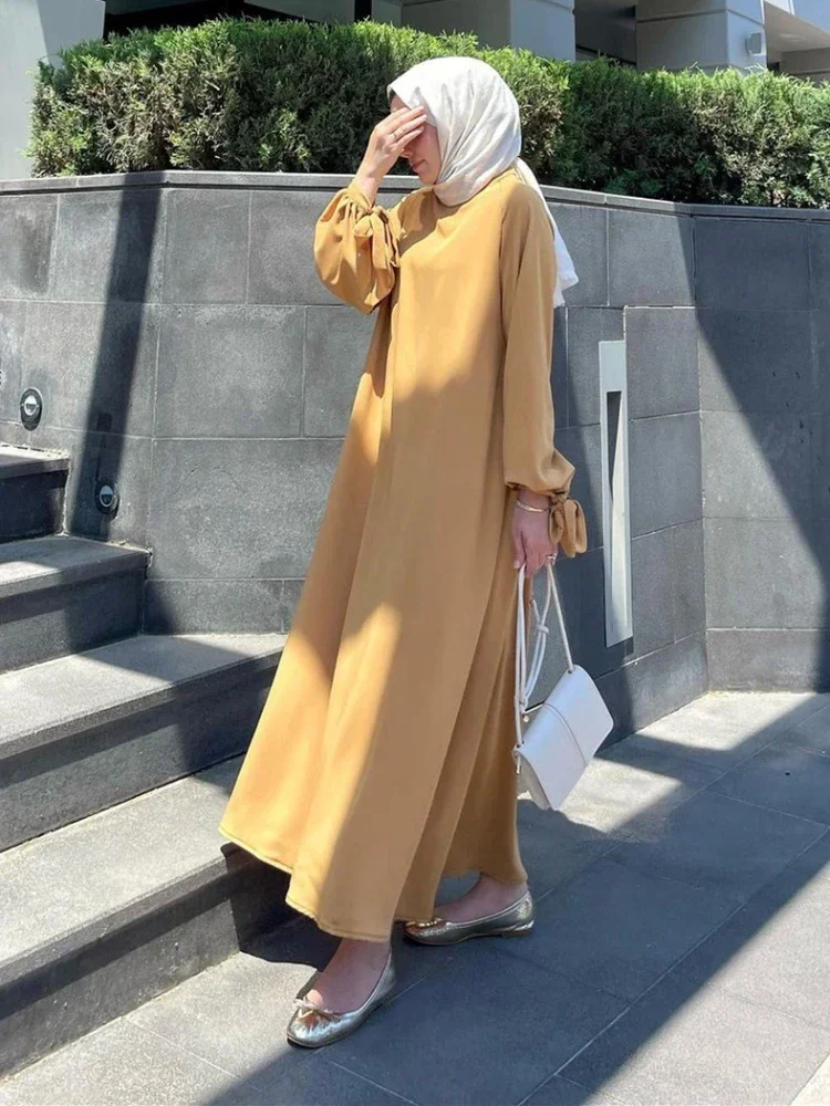 Vestido musulmán Eid para mujer Abaya Marruecos Ramadán con cordones Abayas Kaftan Islam manga acampanada sólido Dubai árabe modesto vestido largo