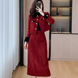 2023 Women Fashion Two-Piece Set Vintage Tweed Single Breasted Blazer Female Short Jacket Mini Skirt Chic Suit Ladies Outfits