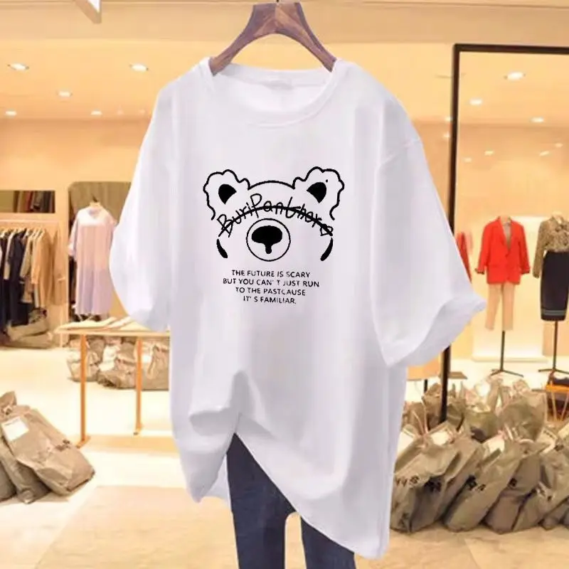 Women's Fashion Letter Cartoon Little Bear Pattern T-shirt 2024 New O-neck Pure Cotton Short Sleeve Basics Top Tee Lady Pullover