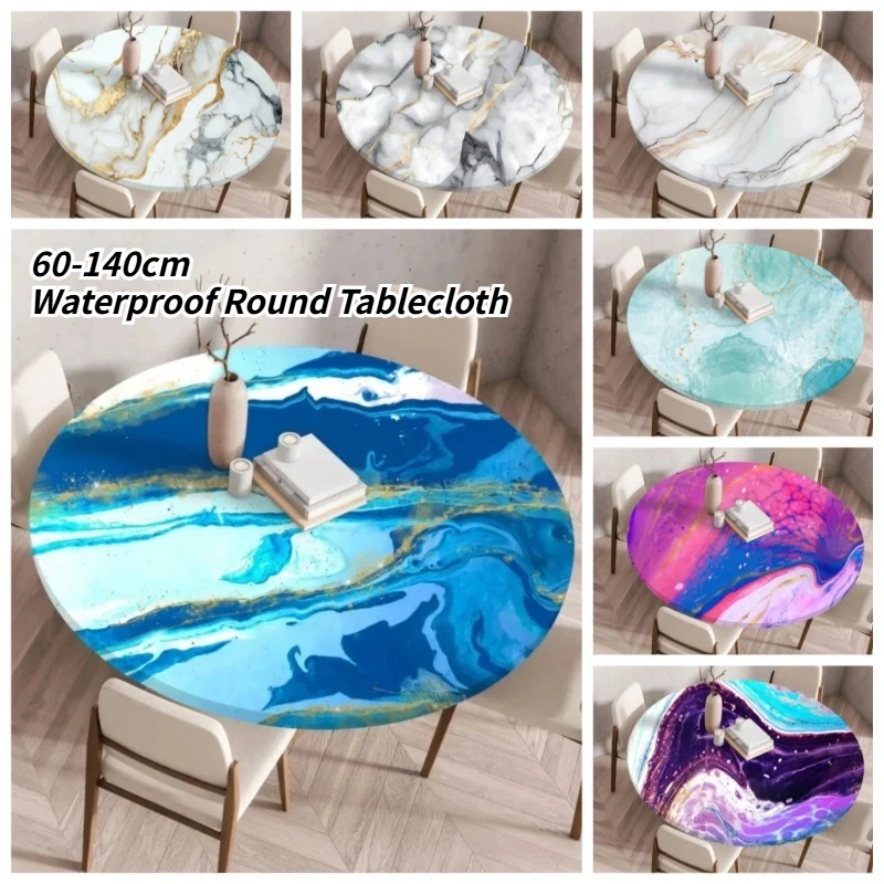 Waterproof Washable Elastic Edge Design Round Table Cushion Round Marble Tablecloth with Exquisite Pattern Table Decor