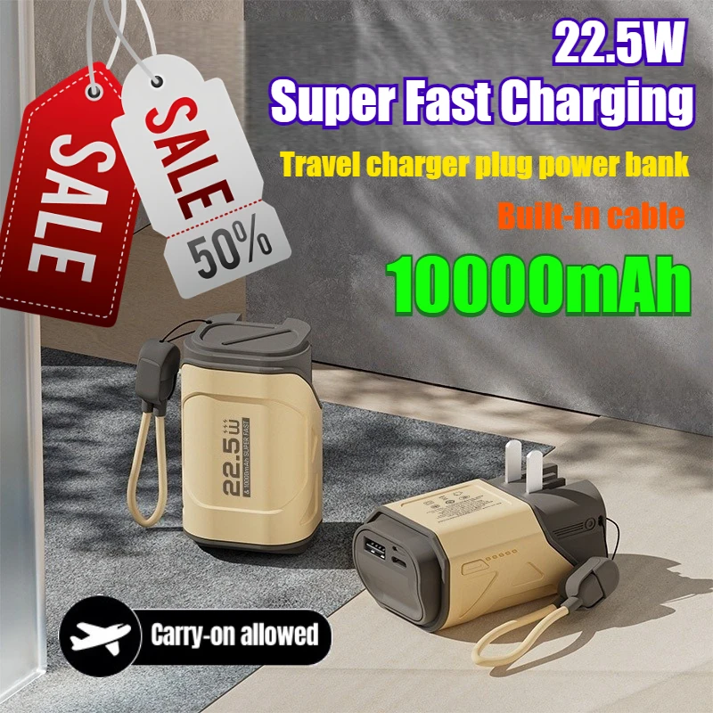 22.5W 10000mAh AC Plug Power Bank with Built-in Cable Super Fast Charging 3C Certified Portable External Battery Charger