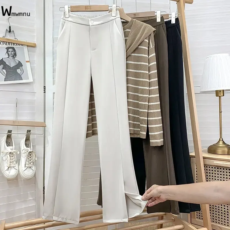 

Women Solid Color High Waist Baggy Pantalones Work Pants Fashion Split Design Casual Trousers Flare Summer Thin Flare Suit Pants