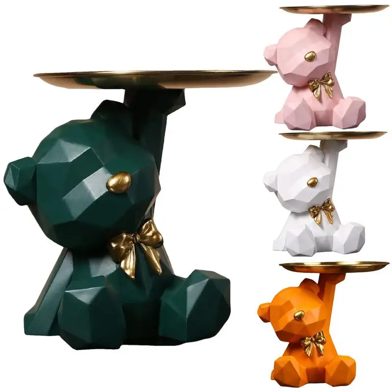 

Geometric Bear Statue With Storage Tray Resin Polar Bear Key Holder Cosmetic Jewelry Candy Storage Tray Bookshelf Entrance Decor