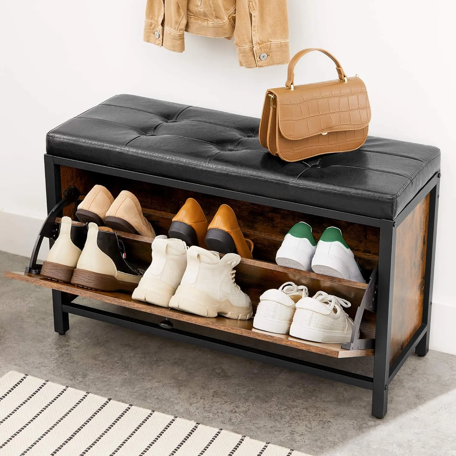 VASAGLE shoe bench padded shoe organizer with flap, shoe cabinet for 6 pairs of shoes steel frame industrial design