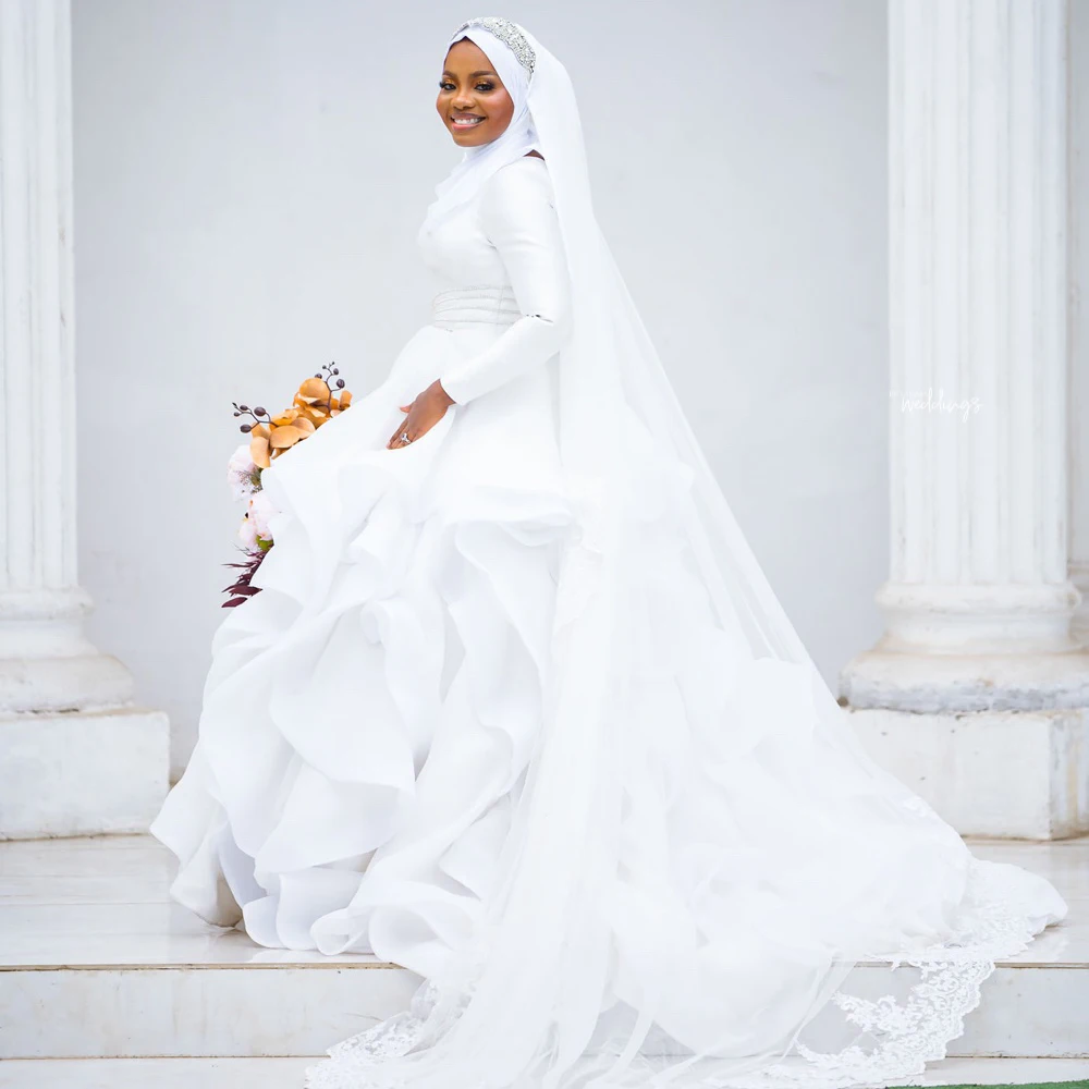 Gaun pengantin Muslim sederhana gaun pesta Organza Ruffles leher O lengan panjang putih gaun pengantin gaun Afrika No ajab