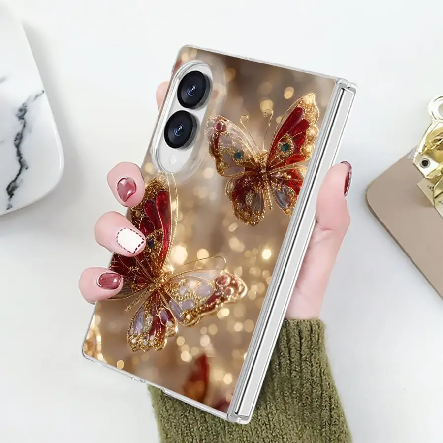 Transparent Phone Cover Case for Samsung Galaxy Z Fold 8 ZFold 8 PC Hard Luxury ZFold8 Red Gold Butterfly Glow