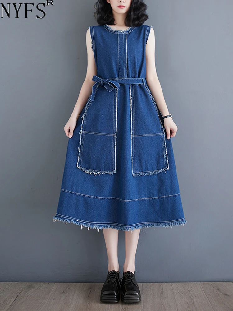 

NYFS 2024 Summer New Korea Woman Dress Vestidos Robe Elbise Loose Plus Size Solid Sleeveless Denim Tassel Edge Long Dresses