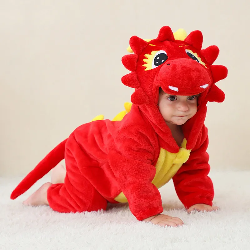 0-3Y Baby Red Dinosaur Bodysuit Crawling Suit Cartoon Animal Suit Homewear Baby Bodysuit Long Pants Climbing Warm Cute Pajamas