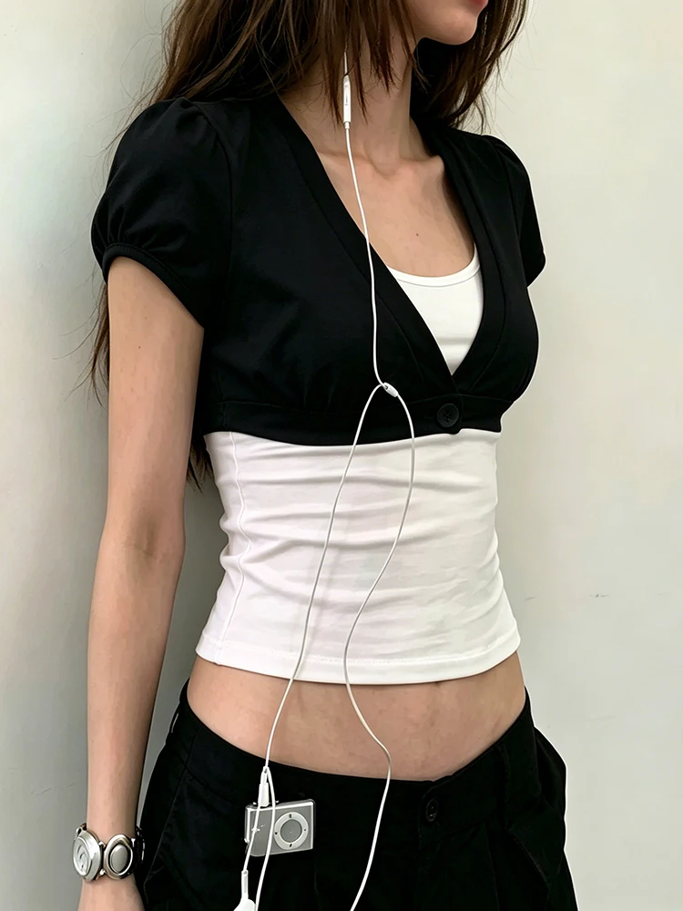 Weird Puss Dopamine Style T-Shirt Women Button Deep V-Neck Puff Sleeve Sexy High Street Hottie Simple Classic Casual Clubwear