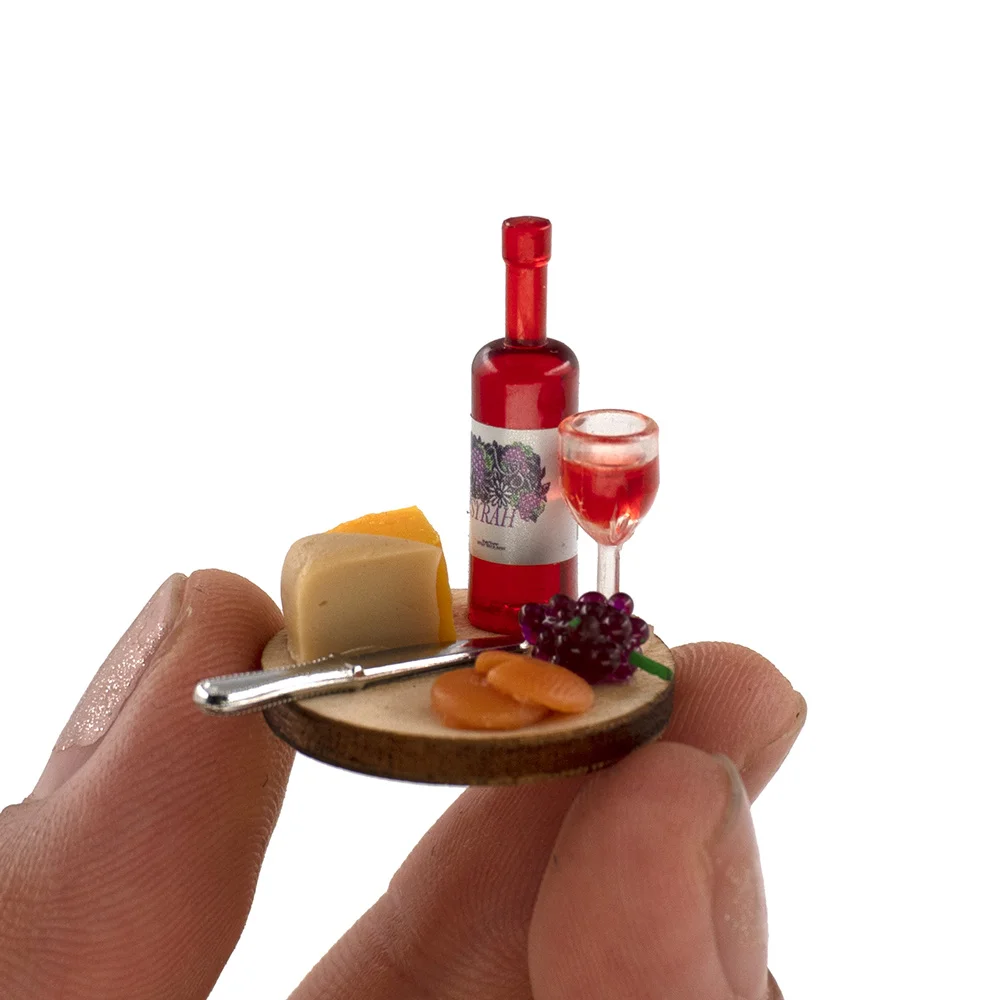 Miniature Wine & Cheese Board Red Wine Bottle Dollhouse Decoration Accessories Mini Dinner Realistic Food Drinking Kitchen Bar