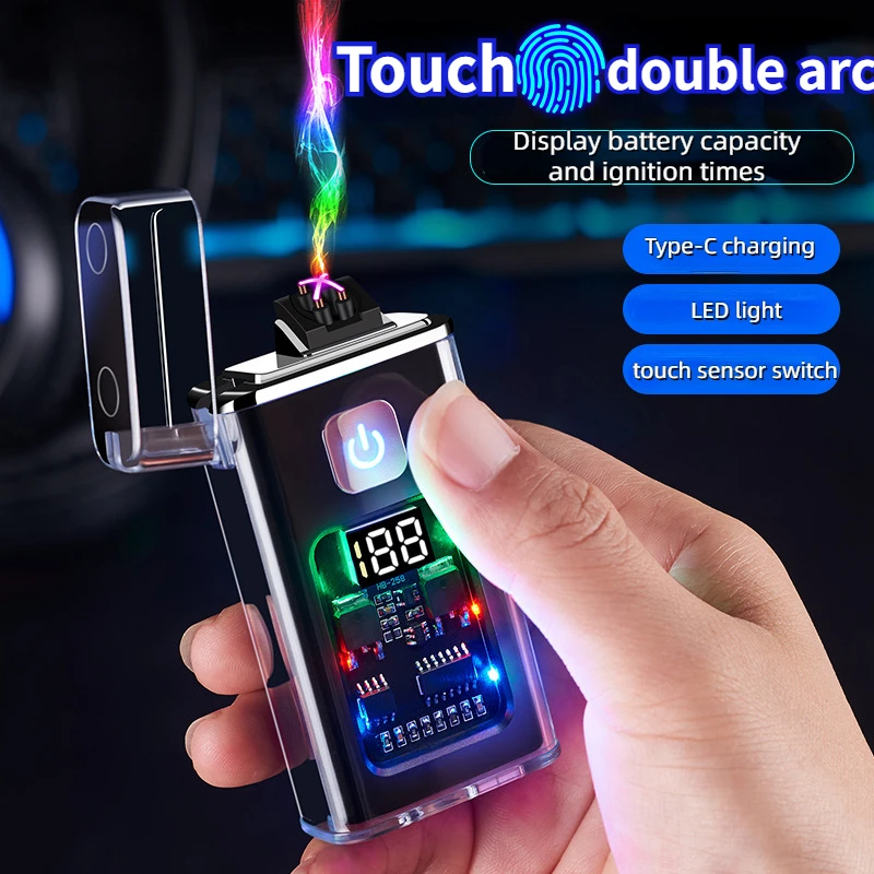 

New Transparent Shell Metal Electronic Pulse Digital Display Induction Lighter Windproof Dual Arc Electronic Cigarette Lighter