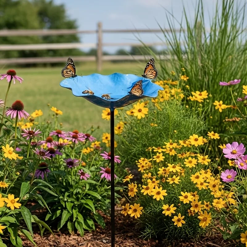 Metal Flower Bird Bath Bowl Water Station For Pollinating Insects Decor For Lawn Garden Border And Ornamental Flower Pots