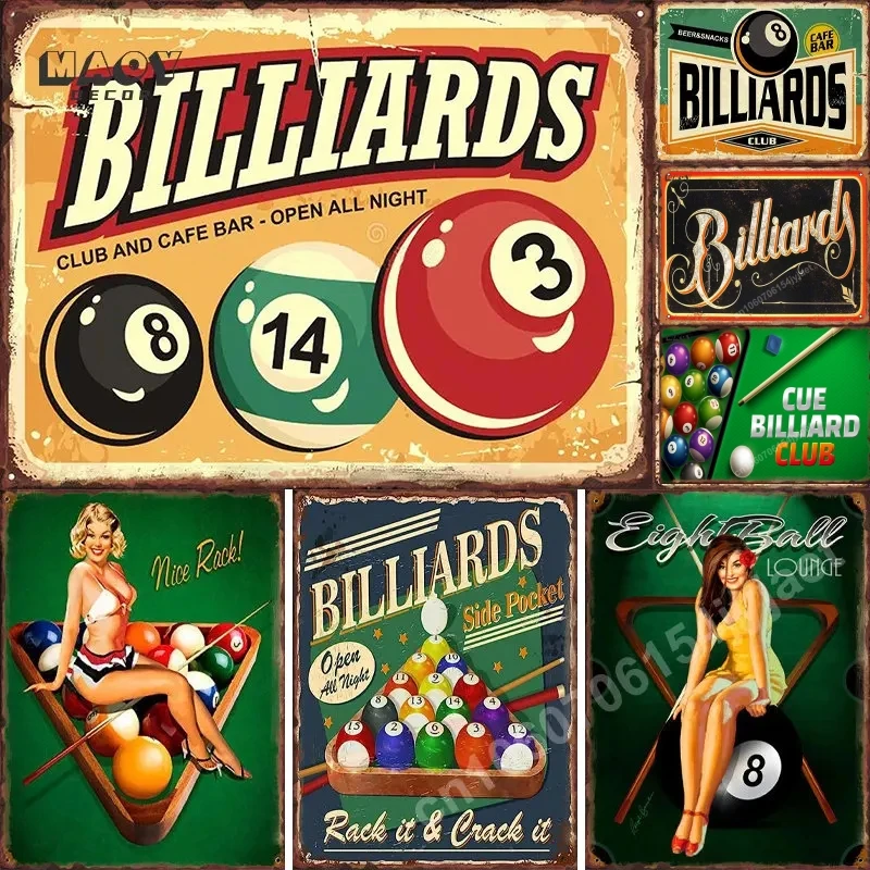 Retro Billard Club Blechschild Cafe Bar Bier Snacks Wandkunst Dekoration Männerhöhle Vintage Metall Blechschilder Gemälde