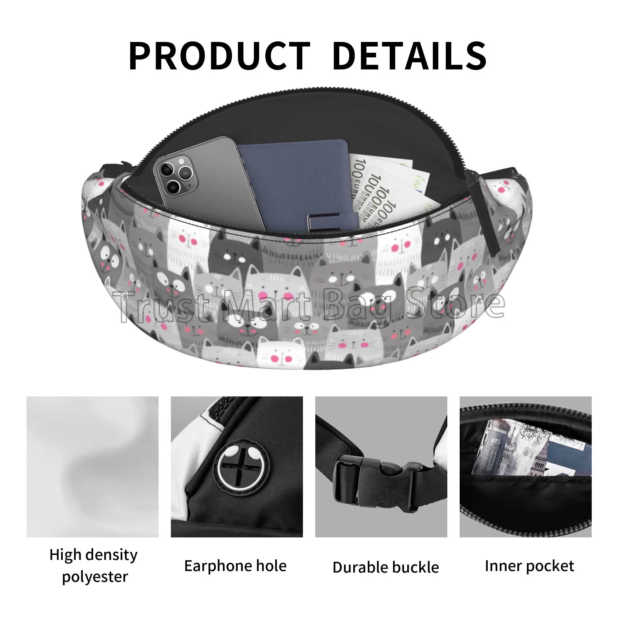 Kawaii Cats Casual Fanny Pack para Homens e Mulheres, Anime dos Desenhos Animados, Bolsa Peito, Bolsa Cintura com Cinto Ajustável, Viagem, Desporto, Corrida