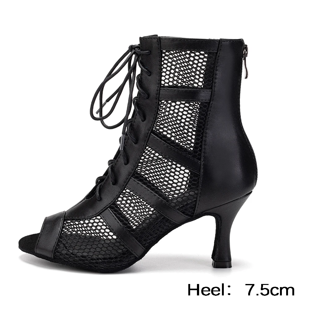 SWDZM Sexy Latin dance shoes Women Leather Black Dancing Boots for Ladies Girls Party Shoes Mesh High Heels Ballroom Shoes 7.5cm