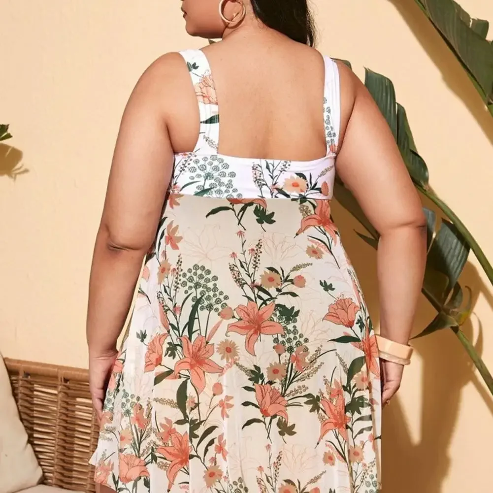 Plant Print Split Hem Monokini Flattering Plus Size One-piece Swimsuits for Women U-neck Summer Skirt Style Split Bathing Suit