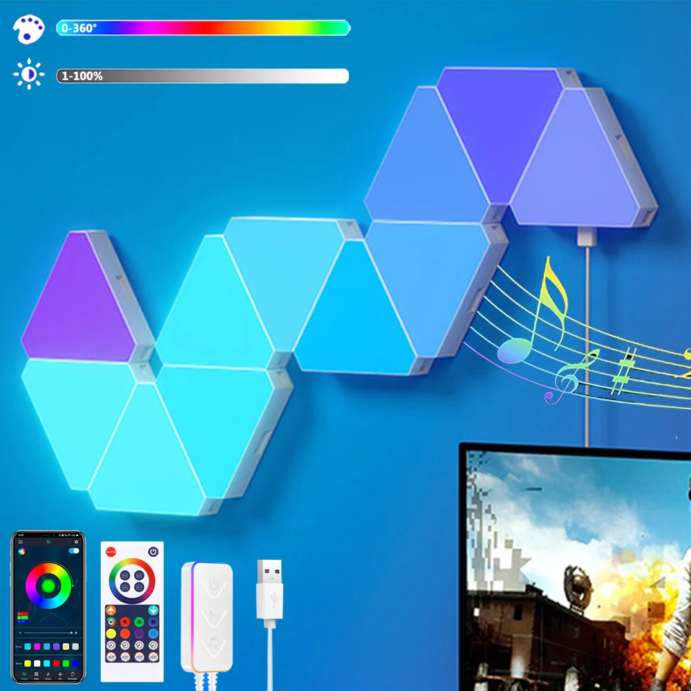 

Remote LED Honeycomb Smart Modular Triangle Wall Sconces Music Sync DIY Gaming Wall Panels RGBIC Quantum Night Lights Room Decor