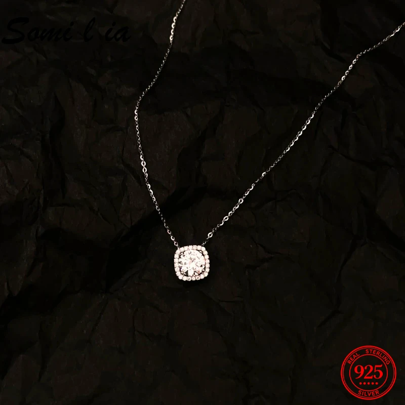 Somilia Exquisite 925 Sterling Silver Square Zircon Pendant Necklace for Woman Shiny Collarbone Chain Jewelry Accessories Gift